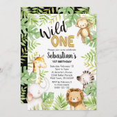 Oerwoud Wild Eén 1e verjaardag Uitnodiging Safari (Voorkant / Achterkant)