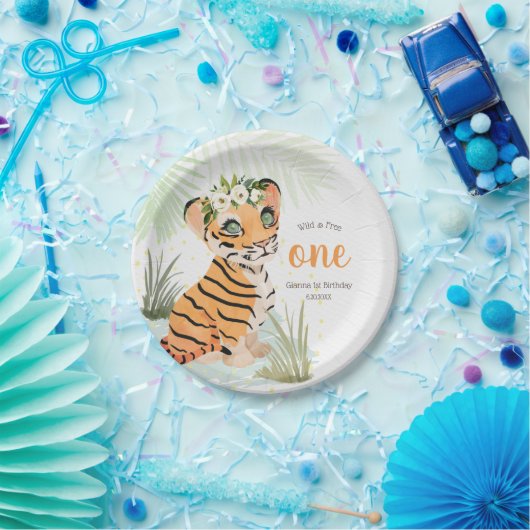 Oerwoud Wild & Gratis Bloemen 1e Verjaardag Tijger Papieren Bordje (Feest)