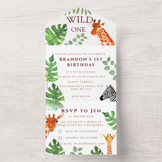 Oerwoud Wild One 1e verjaardag Boy Safari Animal All In One Uitnodiging (Binnen)