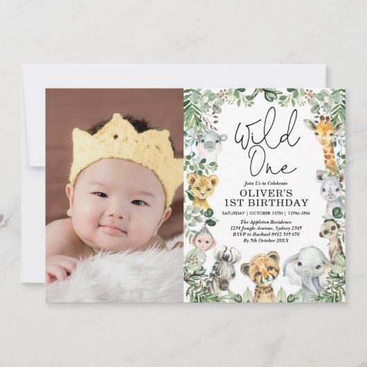 Oerwoud Wild One Greenery Safari 1e verjaardag fot Kaart (Voorkant)