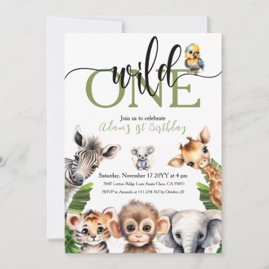 Oerwoud Wild One Safari Animal Eerste Verjaardagsf Kaart (Voorkant)