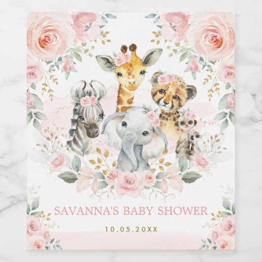  Oerwoud Wilde Baby Dieren Blush Roze Bloemen Wijn Etiket (Enkel label)