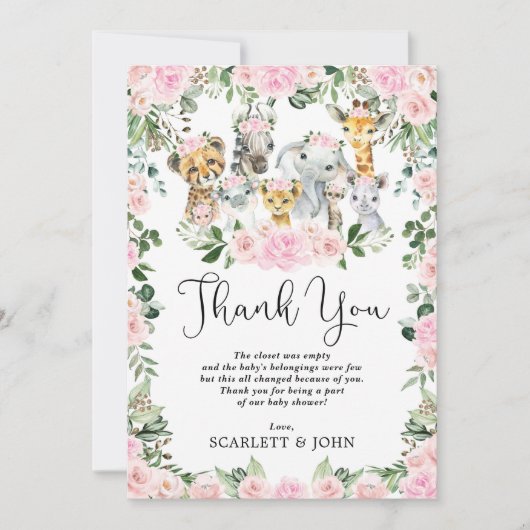  Oerwoud Wilde Dieren Roze Bloemen Baby Girl Bedankkaart (Voorkant)