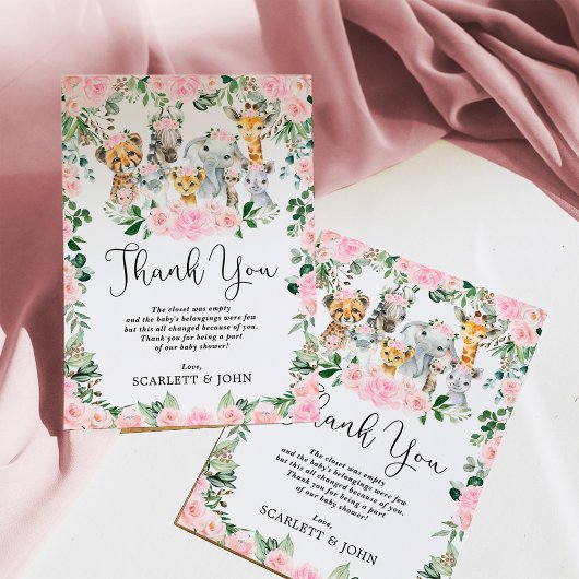  Oerwoud Wilde Dieren Roze Bloemen Baby Girl Bedankkaart