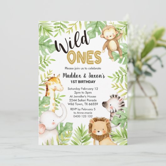 Oerwoud Wilde Eenheden 1e verjaardag Uitnodigings Kaart (Staand voorkant)