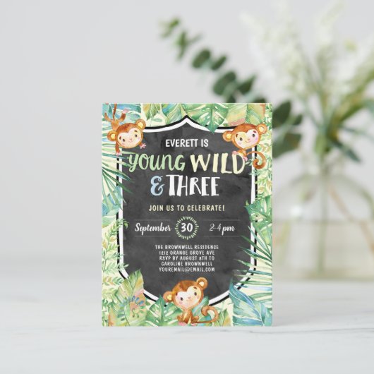 Oerwoud Young Wild and Three Birthday Party Briefkaart (Staand voorkant)