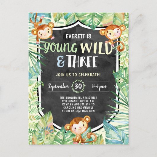 Oerwoud Young Wild and Three Birthday Party Briefkaart (Voorkant)