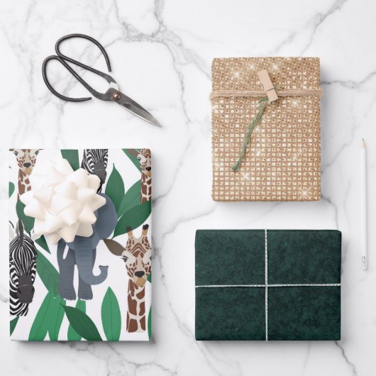 Oerwoud Zebra Elephant Giraffe Safari Animals Inpakpapier Vel (Voorkant)