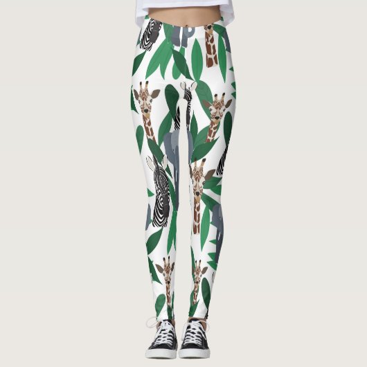 Oerwoud Zebra Elephant Giraffe Safari Animals Leggings (Voorkant)