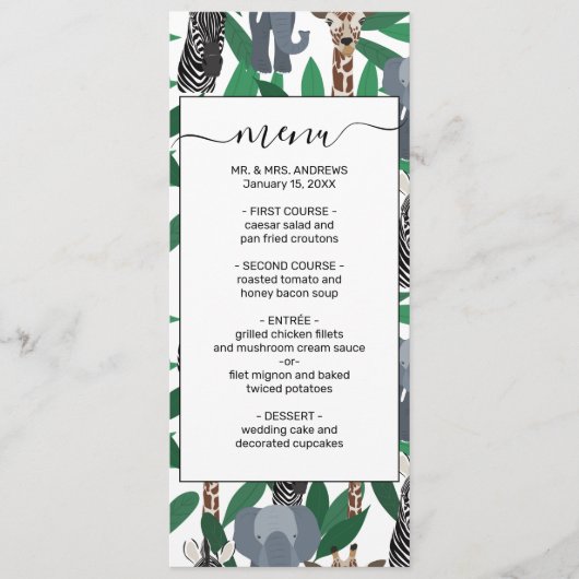 Oerwoud Zebra Elephant Giraffe Safari Animals Menu (Voorkant)