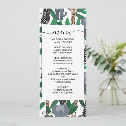 Oerwoud Zebra Elephant Giraffe Safari Animals Menu (Staand voorkant)
