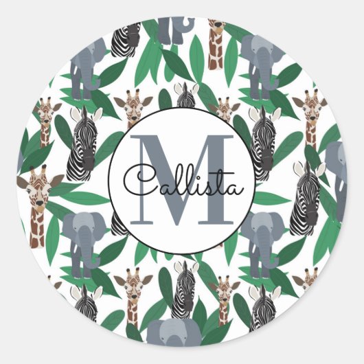 Oerwoud Zebra Elephant Giraffe Safari Animals Ronde Sticker (Voorkant)