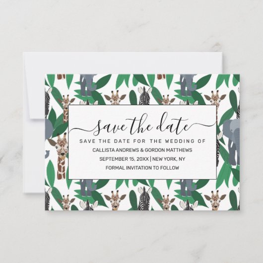 Oerwoud Zebra Elephant Giraffe Safari Animals Save The Date (Voorkant)