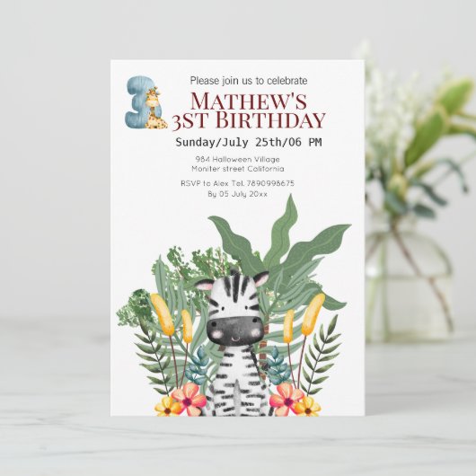 Oerwoud Zebra en Giraffe 3e verjaardag Kaart (Staand voorkant)