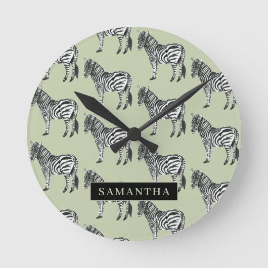 Oerwoud Zebra Wilde Patroon & Aangepaste Naam Ronde Klok (Voorkant)