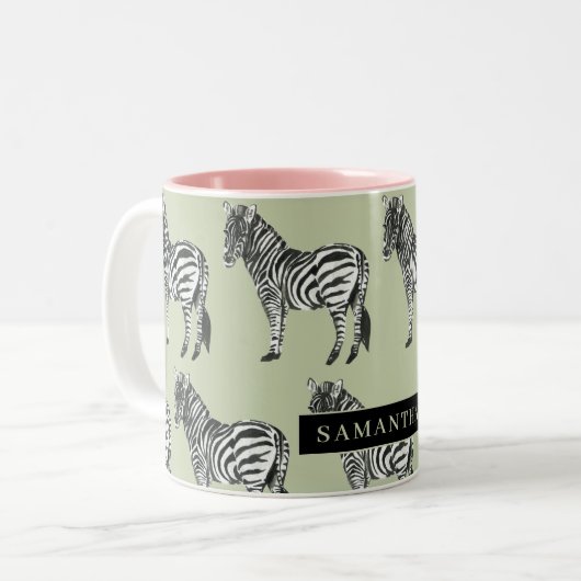 Oerwoud Zebra Wilde Patroon & Aangepaste Naam Tweekleurige Koffiemok (Voorkant links)