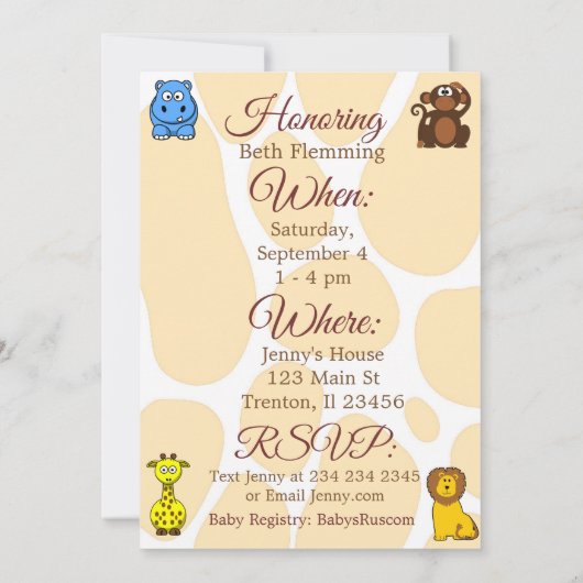 Oerwoud Zoo Dieren Baby shower Uitnodiging (Achterkant)