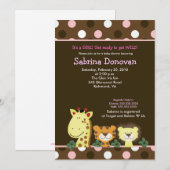 OERWOUD ZOO PARTY 5x7 Bruin/Roze Baby shower Kaart (Voorkant / Achterkant)