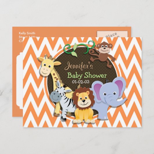 Oerwouden Baby shower; Oranje en witte Chevron Uitnodiging Briefkaart (Voorkant / Achterkant)