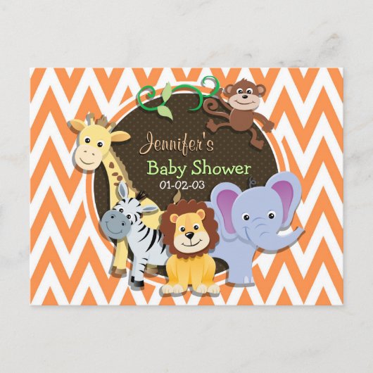 Oerwouden Baby shower; Oranje en witte Chevron Uitnodiging Briefkaart (Voorkant)