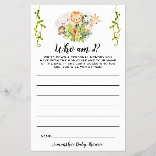 Oerwouden die ik Baby shower Game Kaart ben (Voorkant)