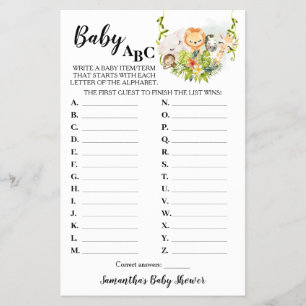 Oerwouden Dieren Baby ABC Baby shower Game Kaart