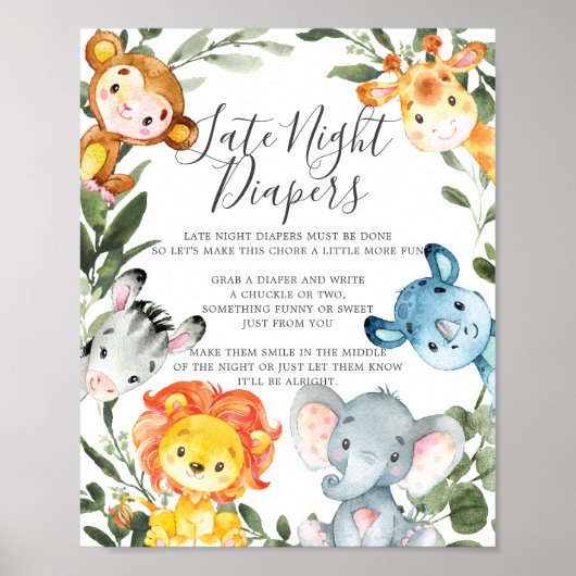 Oerwouden Dieren Baby shower Late Night Diapers Si Poster (Voorkant)