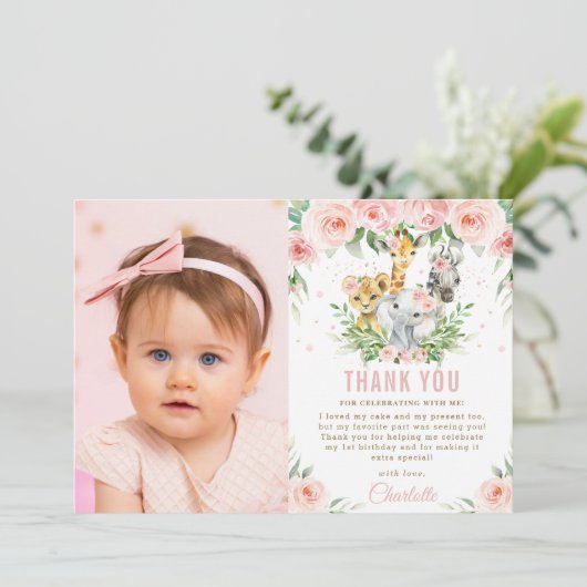 Oerwouden dieren blozen bloes 1 ste verjaardag fot bedankkaart (Staand voorkant)