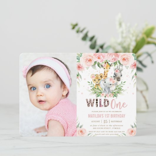 Oerwouden dieren blozen bloes 1 ste verjaardag fot kaart (Staand voorkant)