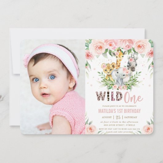 Oerwouden dieren blozen bloes 1 ste verjaardag fot kaart (Voorkant)