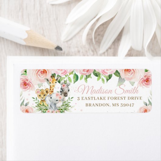 Oerwouden dieren Blush Pink Floral Return Address Etiket (Insitu)