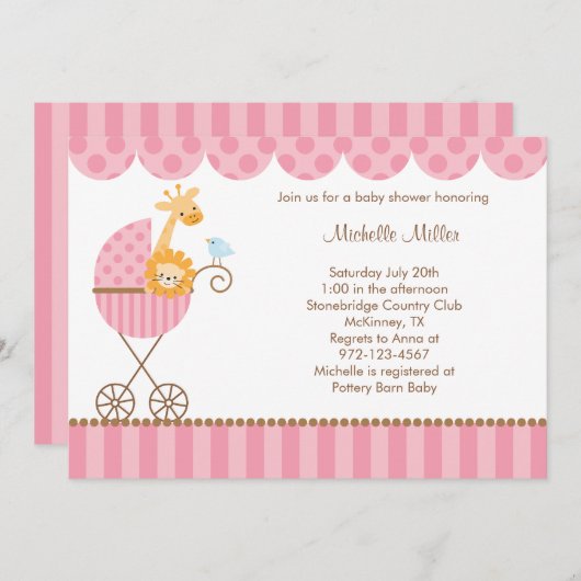 Oerwouden dieren in roze Stroller-uitnodigingen Kaart (Voorkant / Achterkant)