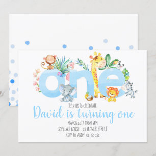Oerwouden dieren Safari Boy Blue Cute 1st Birthday Kaart
