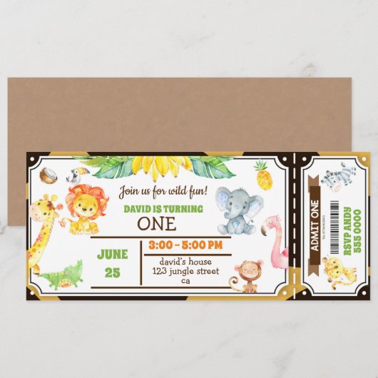 Oerwouden dieren Safari Boy First Birthday Ticket Kaart (Voorkant / Achterkant)