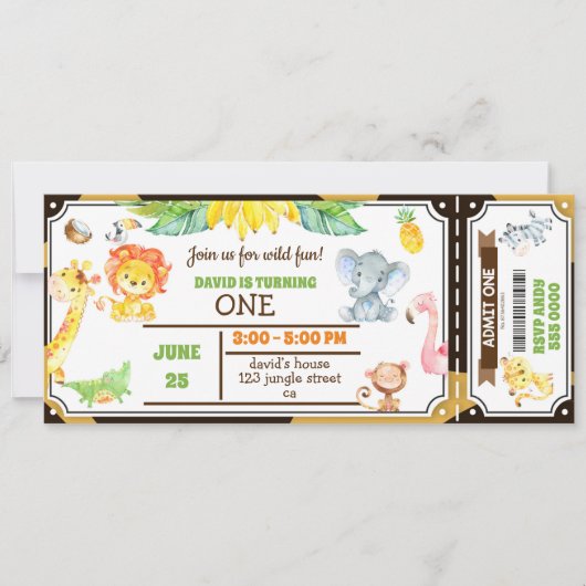 Oerwouden dieren Safari Boy First Birthday Ticket Kaart (Voorkant)