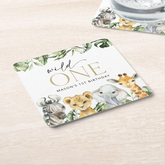 Oerwouden dieren, Safari, Wild One, Eerste Dag Kartonnen Onderzetters (Schuin)