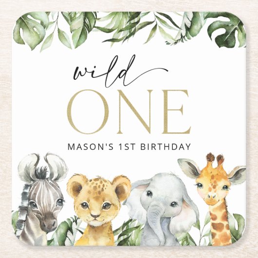 Oerwouden dieren, Safari, Wild One, Eerste Dag Kartonnen Onderzetters (Voorkant)