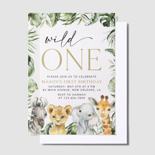 Oerwouden dieren, Safari, Wild One, Eerste Dag Vellum Uitnodigingen (Offset)