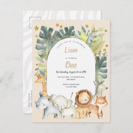 Oerwouden jongen eerste verjaardag van Safari Uitnodiging Briefkaart (Voorkant / Achterkant)