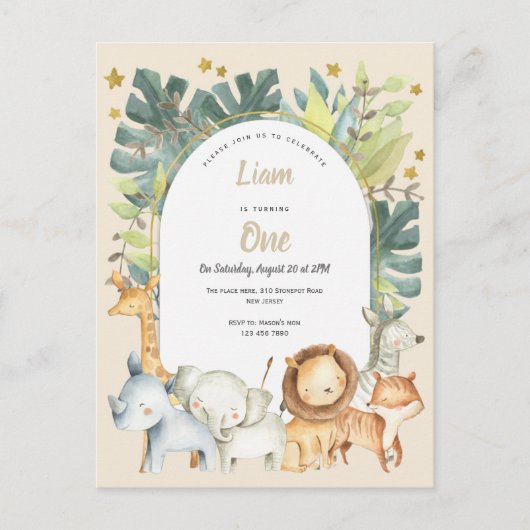 Oerwouden jongen eerste verjaardag van Safari Uitnodiging Briefkaart (Voorkant)