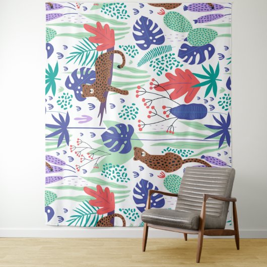 Oerwouden katten met bloemen en bladeren wandkleed (In situ)