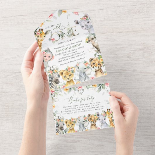 Oerwouden, Safari, Bloemen, Baby shower All In One Uitnodiging (Afscheurbaar)