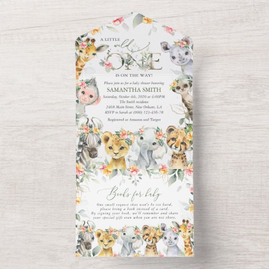 Oerwouden, Safari, Bloemen, Baby shower All In One Uitnodiging (Binnen)