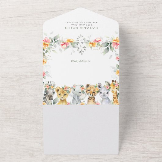 Oerwouden, Safari, Bloemen, Baby shower All In One Uitnodiging (Buitenkant)
