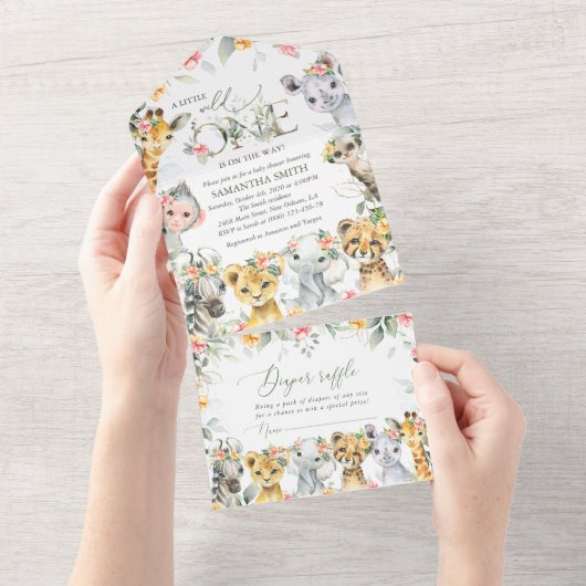 Oerwouden, Safari, Bloemen, Baby shower All In One Uitnodiging (Afscheurbaar)