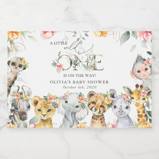 Oerwouden, Safari, Bloemen, Baby shower Sparkling Wijnetiket (Enkel label)