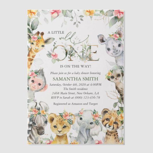 Oerwouden, Safari, Bloemen, Baby shower Vellum Uitnodigingen (Voorkant)