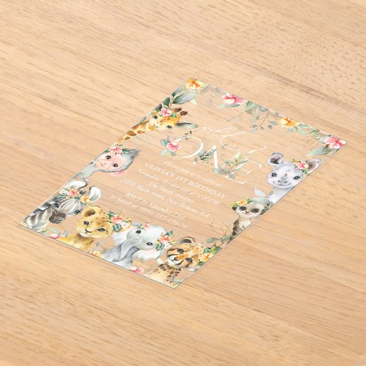 Oerwouden, safari, bloemen, eerste verjaardag acryl uitnodigingen (Laagn)
