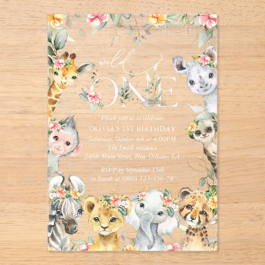 Oerwouden, safari, bloemen, eerste verjaardag acryl uitnodigingen (Voorkant)