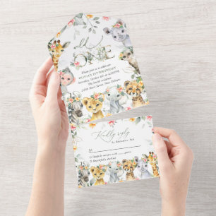 Oerwouden, safari, bloemen, eerste verjaardag all in one uitnodiging